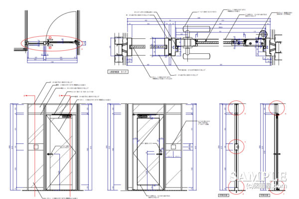 《建具図》ガラスFIXのスチールドア（SD）の作図事例