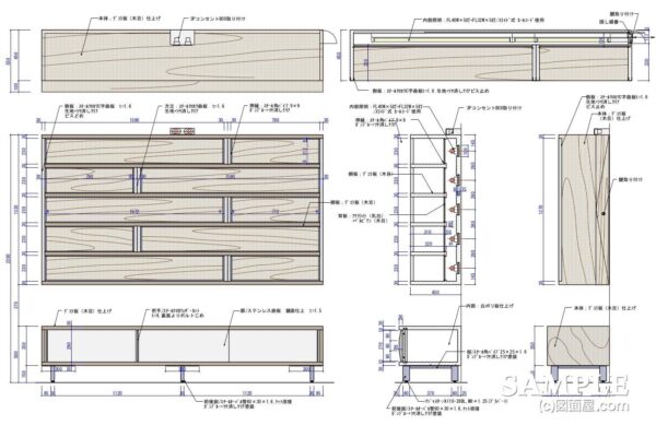 ゴージャスな壁面造作什器の作図事例