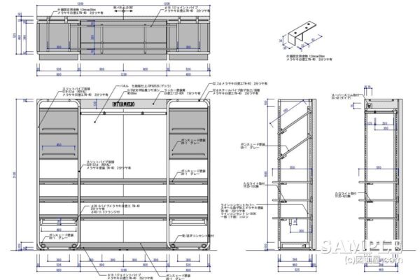 スチール丸パイプで構成した壁面什器の作図事例