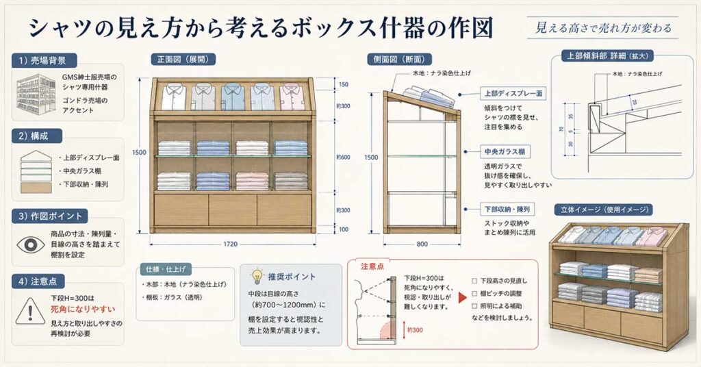 《DF_001》シャツの見え方から考えるボックス什器の作図