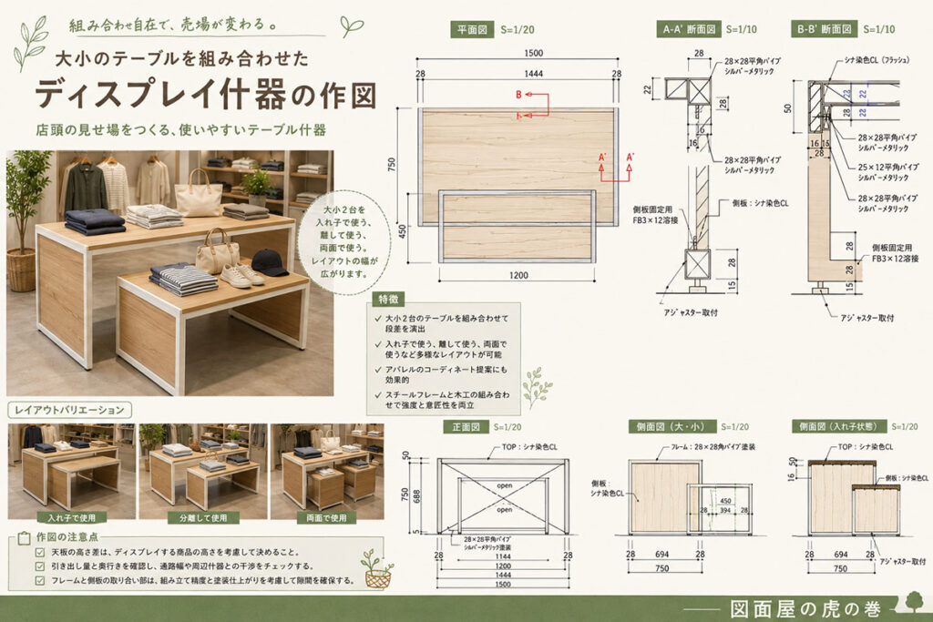 《DF_006》大小のテーブルを組み合わせたディスプレイ什器の作図