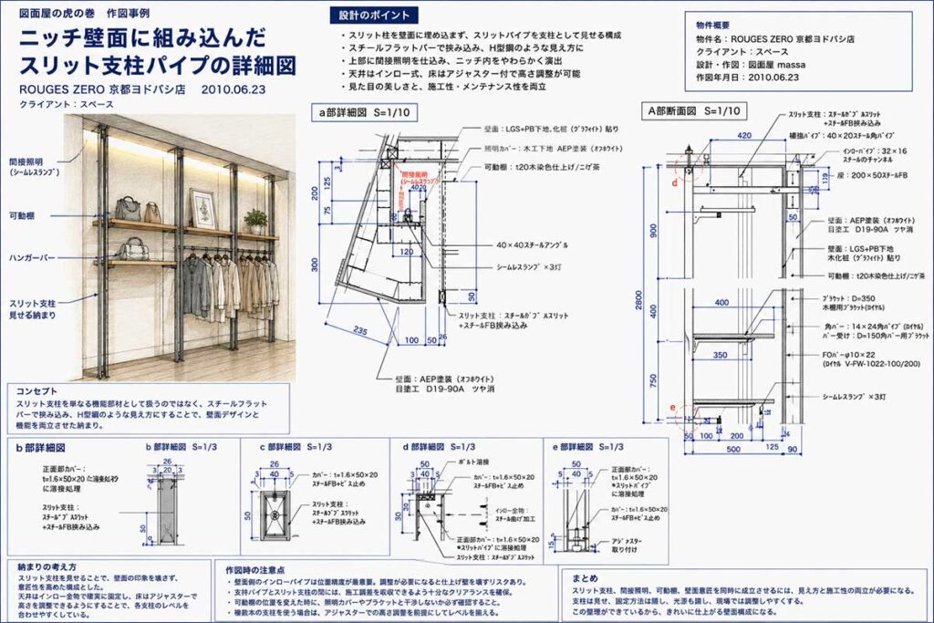 《WF_012》ニッチ壁面に組み込んだスリット支柱パイプの詳細図