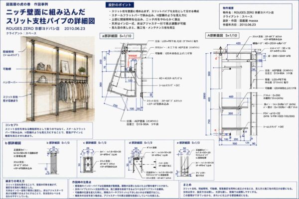 《WF_012》ニッチ壁面に組み込んだスリット支柱パイプの詳細図