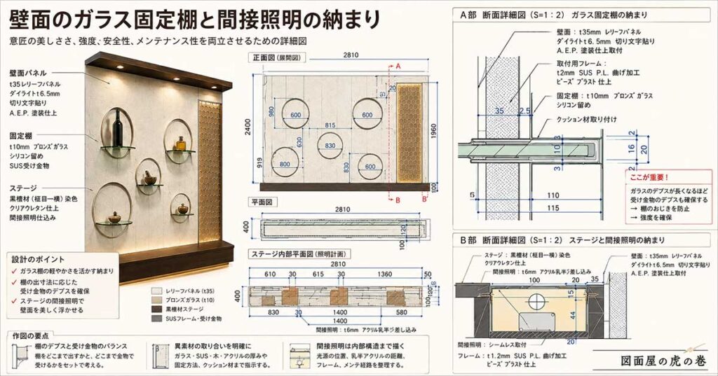 《WF_028》壁面のガラス固定棚と間接照明の納まり