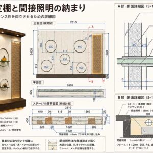 《WF_028》壁面のガラス固定棚と間接照明の納まり