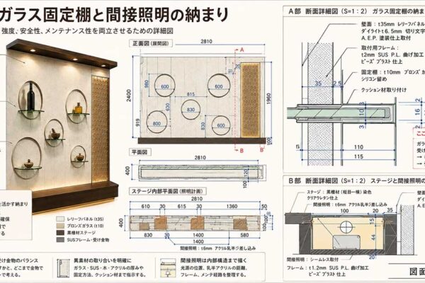 《WF_028》壁面のガラス固定棚と間接照明の納まり