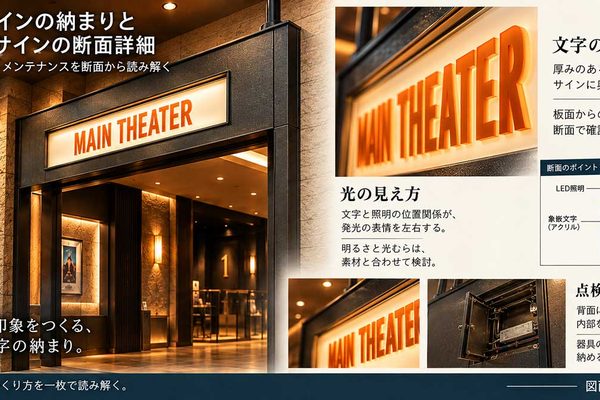 《SIGN_006》象嵌サインの納まりとゲートサインの断面詳細