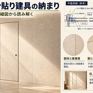 《WJ_046》コーリアン貼り建具の作図と、平面・縦断面詳細の納まり